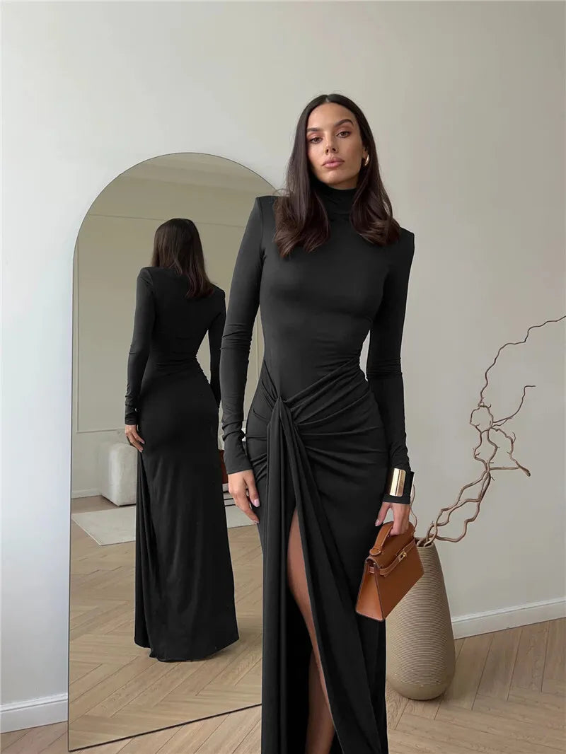 "Madison" Women's Draped Turtleneck Thigh High Split Long Sleeve Bodycon Maxi Dress