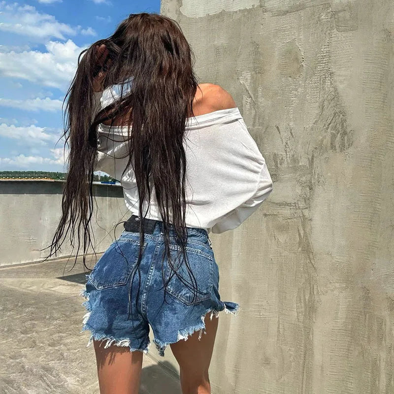 "Como" Women's See Though Off-Shoulder Long Sleeve Crop Top