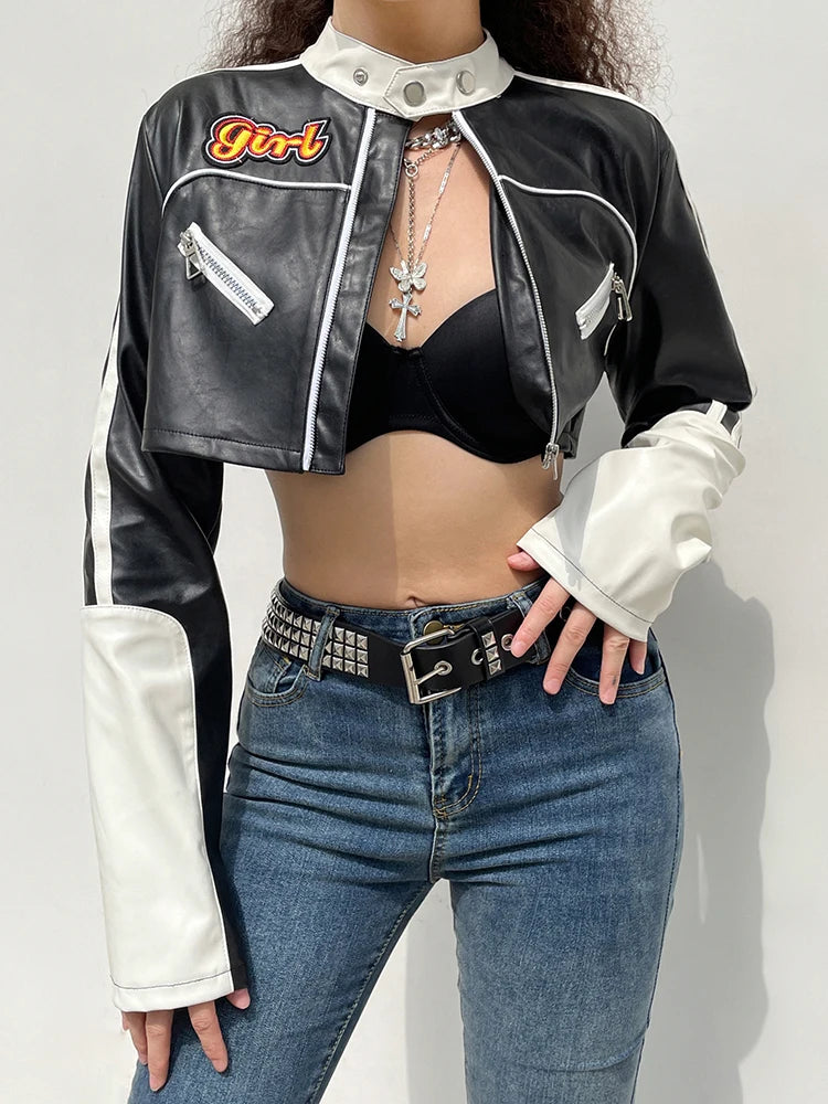 “Hot Shit” Women’s Cropped Two Tone Faux Leather Jacket