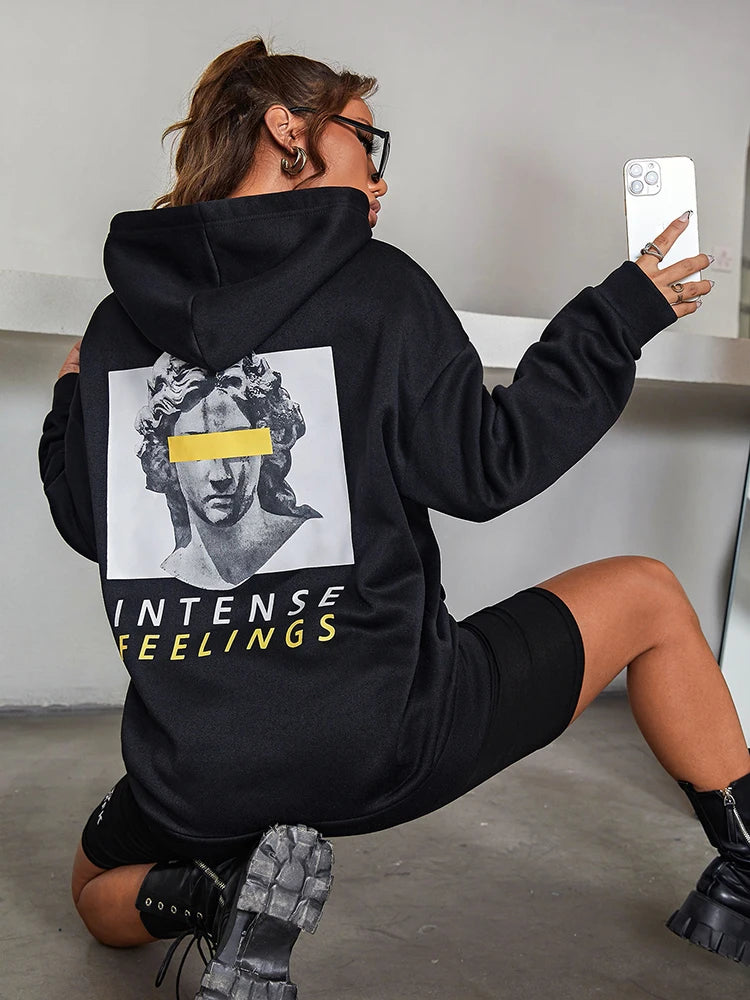 “Intense Feeling” Women’s Casual Graphic Print Black Hoodie