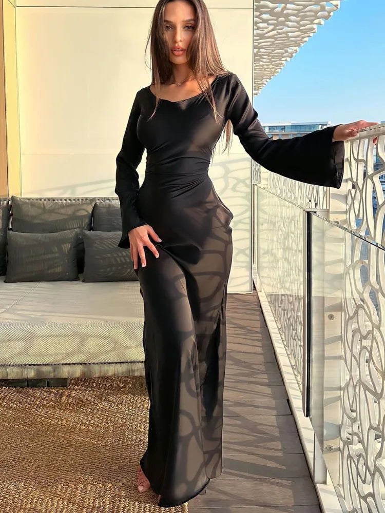 "Opera" Black Satin Bandage Maxi Dress