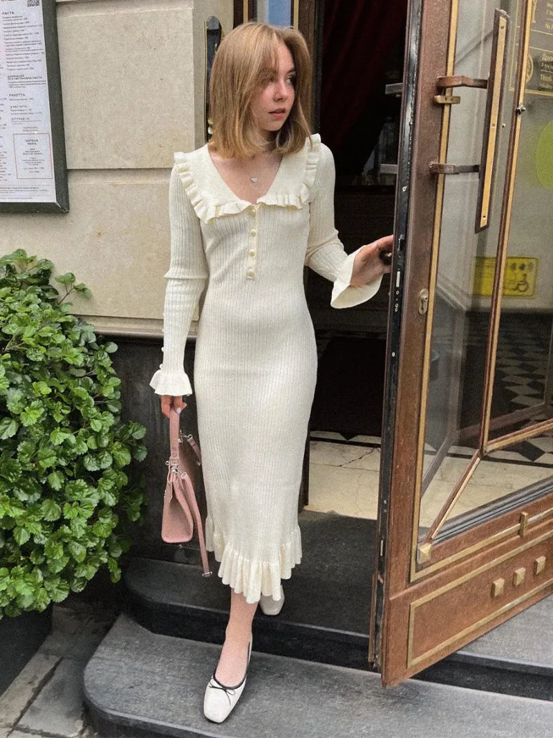 ”Elizabeth” Vintage Knitted High Waist Ruffled Maxi Dress
