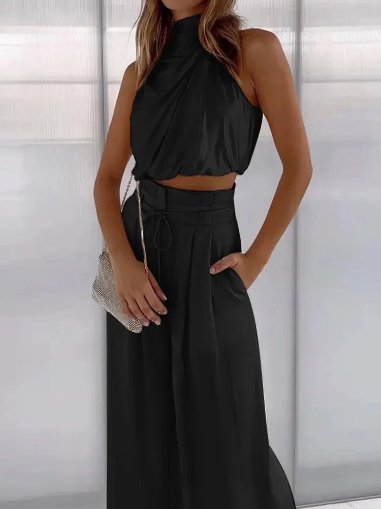 “Swift” Women’s Pleated Silk Two Piece Sleeveless Outfit Set