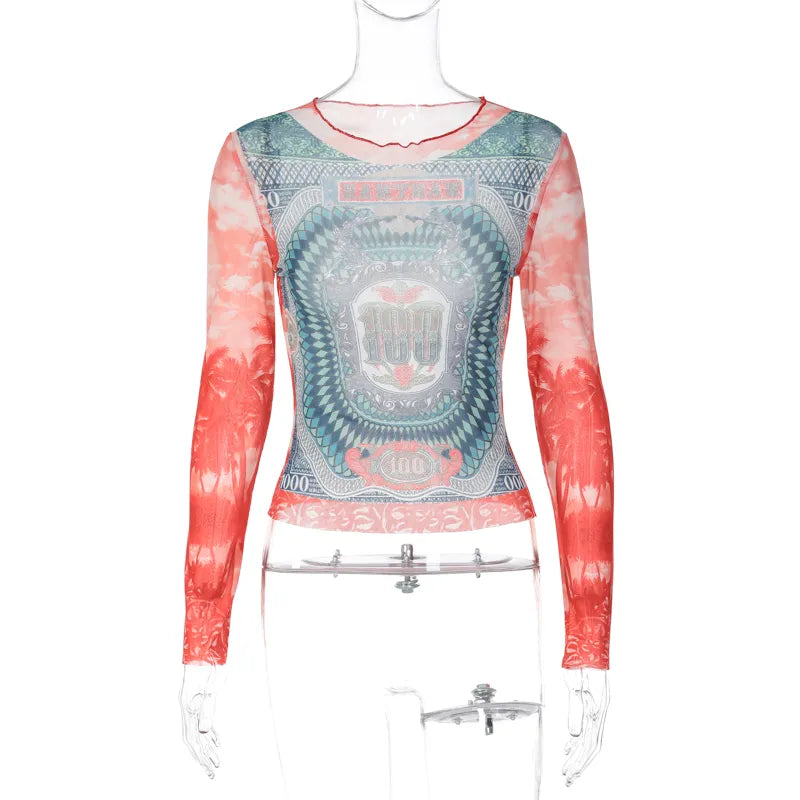 “She Just Wanna Rock” Mesh Graphic Print See Through T-Shirt