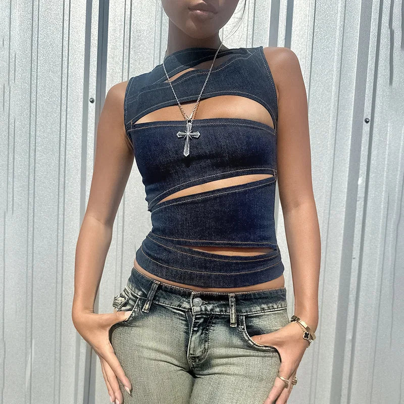 "Valley" Women's Sleeveless Round Neck Denim Vest