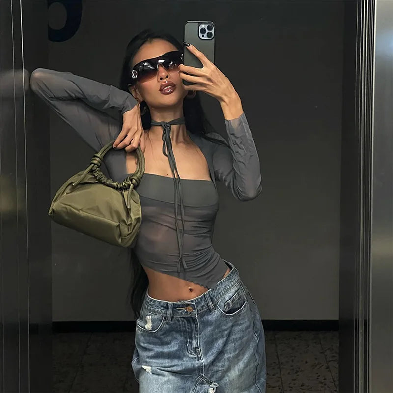 "Steel" Women's See-Through Mesh Y2K Style Crop Top