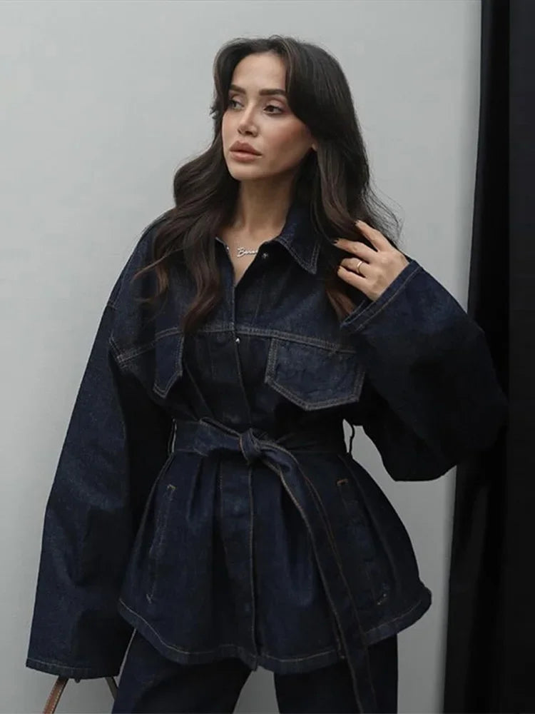 "Bel Air" Women's Cinched Lace Up Wide Leg Denim Pants Set