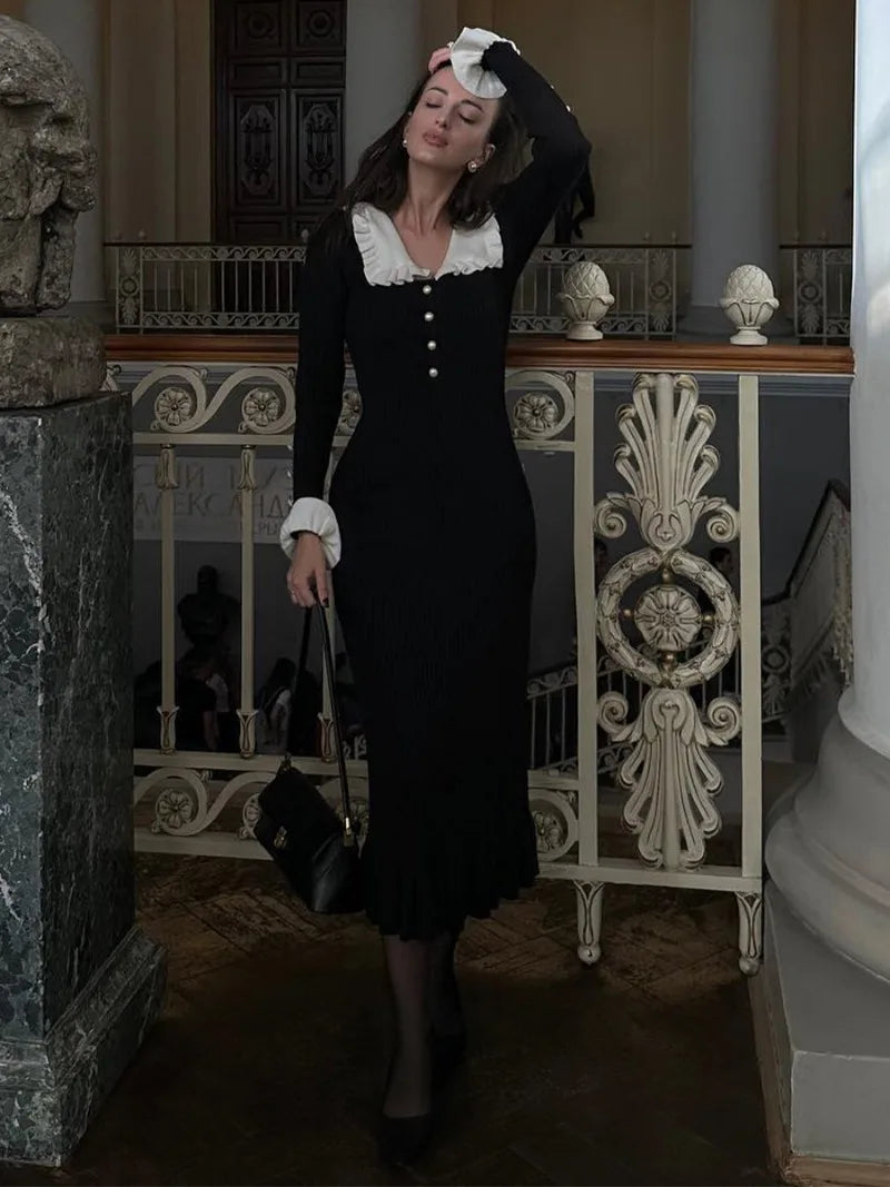 ”Elizabeth” Vintage Knitted High Waist Ruffled Maxi Dress