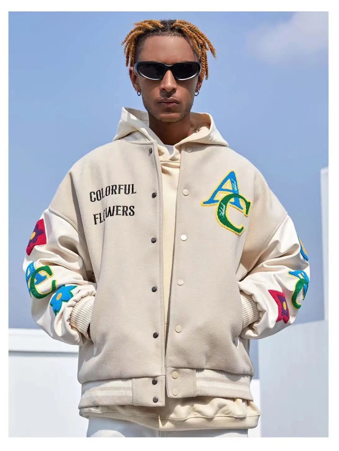 “Colorful Flowers” Men’s American Flower Embroidered Urban Bomber Jacket