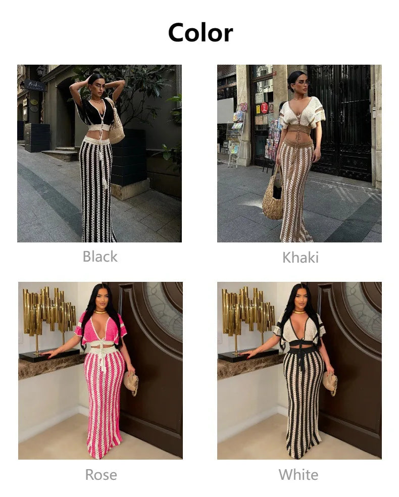 "Jolie" Knitted Striped 2 Piece Cropped Outfit Set
