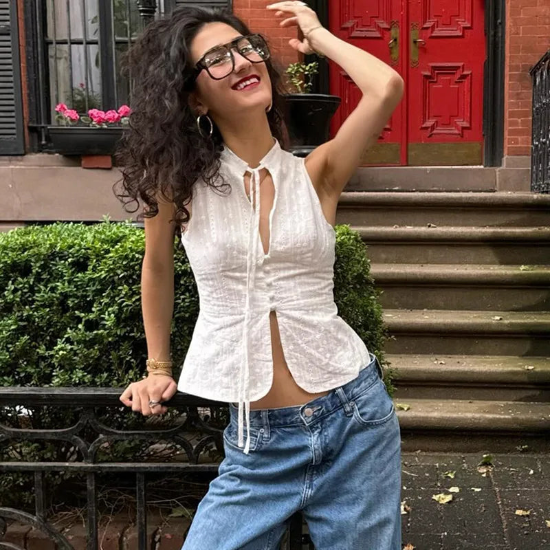 "Girl Next Door" Women's Breathable See-Through Y2K Style Button Up Crop Top
