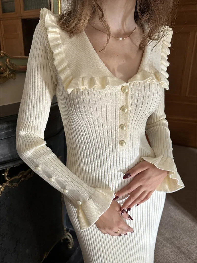 ”Elizabeth” Vintage Knitted High Waist Ruffled Maxi Dress