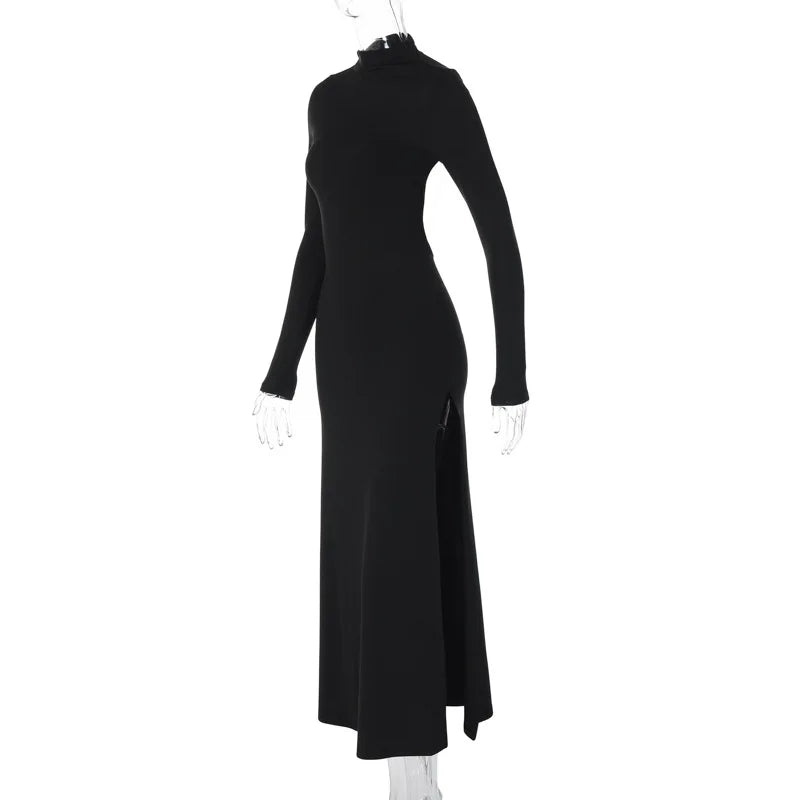 "Mystiq" Elegant Black Backless High Slit Maxi Dress