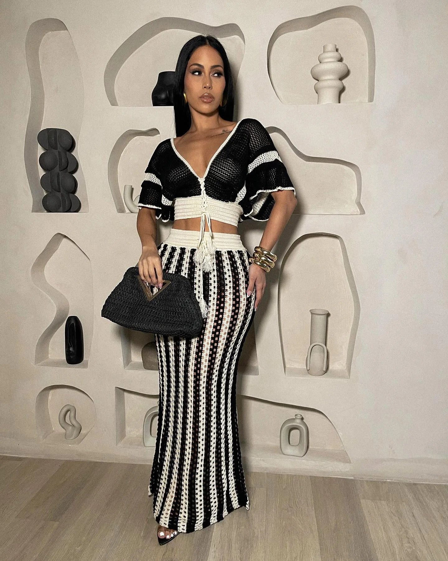 "Jolie" Knitted Striped 2 Piece Cropped Outfit Set