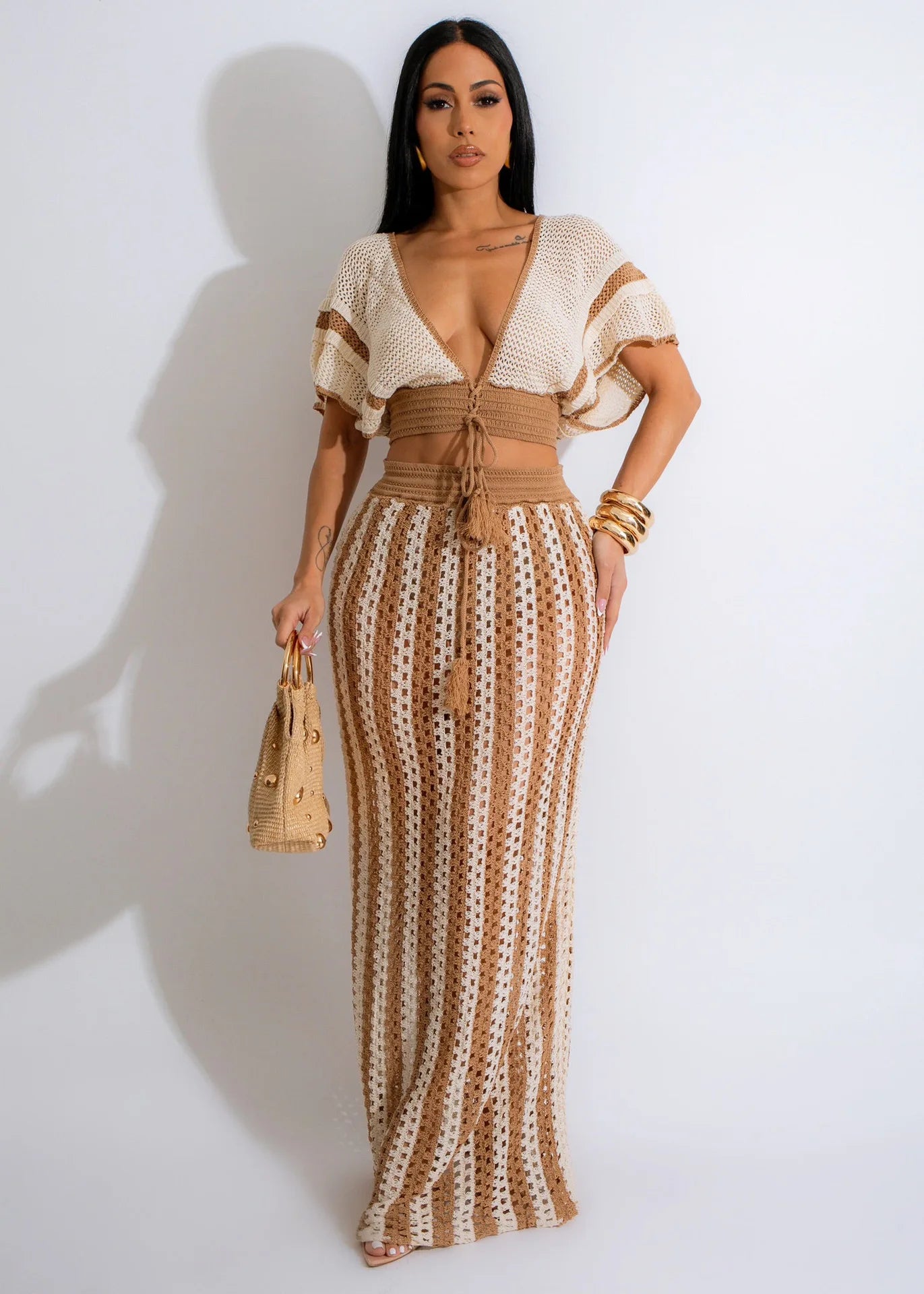 "Jolie" Knitted Striped 2 Piece Cropped Outfit Set
