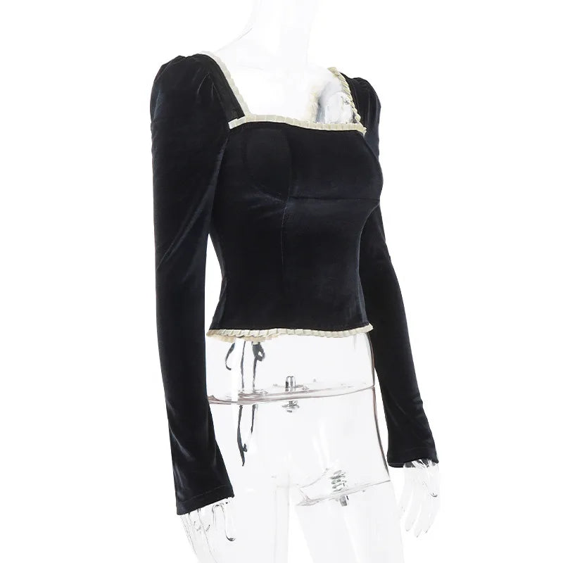 "Madeline" Women's Vintage Black Velvet Long Sleeve Blouse