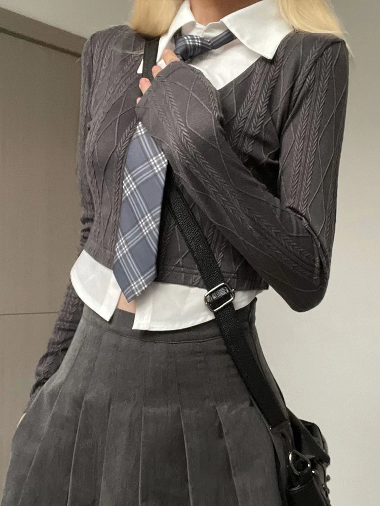 ”New School” Women’s Y2K Style Fake Two Piece Top With Tie