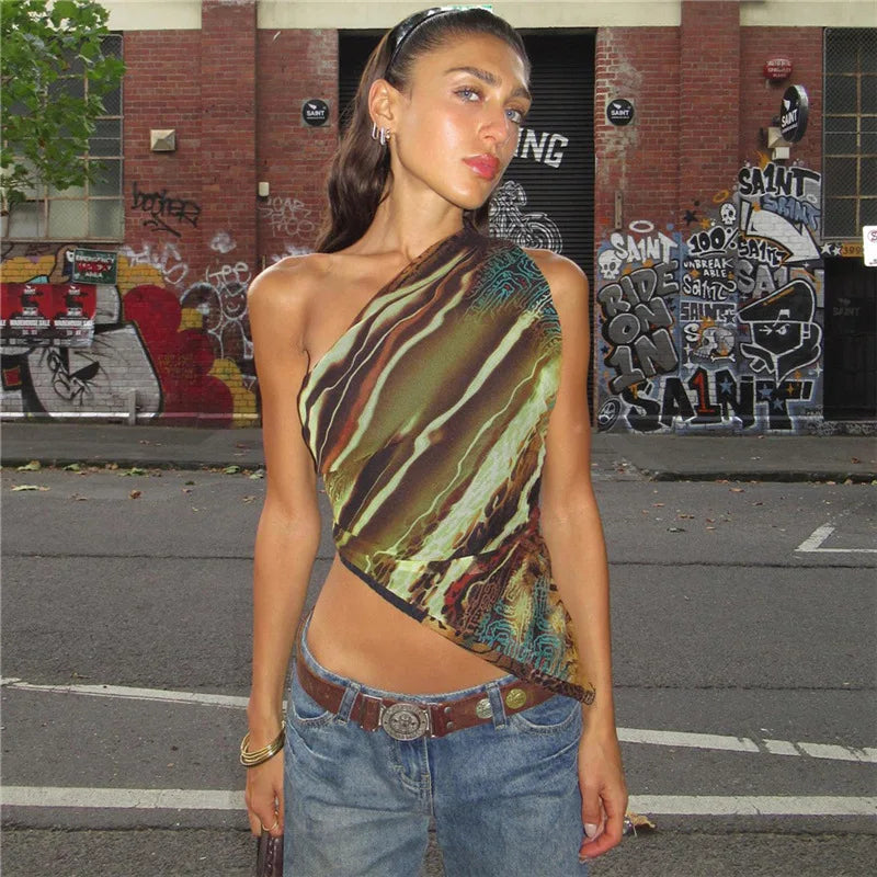 ”Dopamine” Women’s Asymmetric Print Y2K Style One Shoulder Crop Top