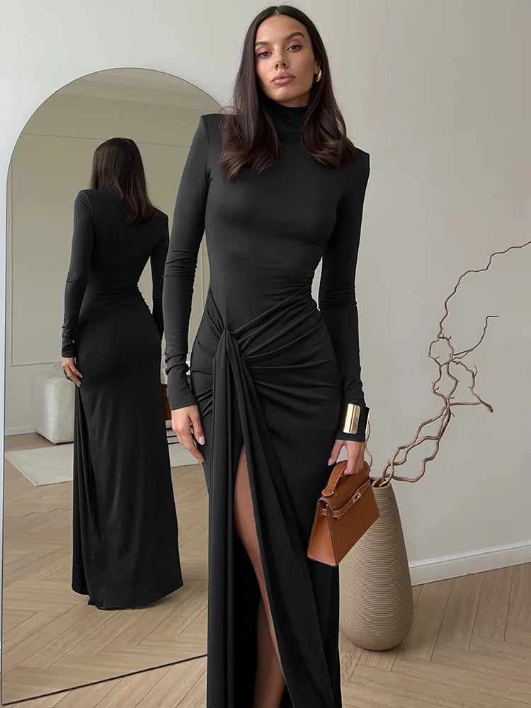 "Madison" Women's Draped Turtleneck Thigh High Split Long Sleeve Bodycon Maxi Dress