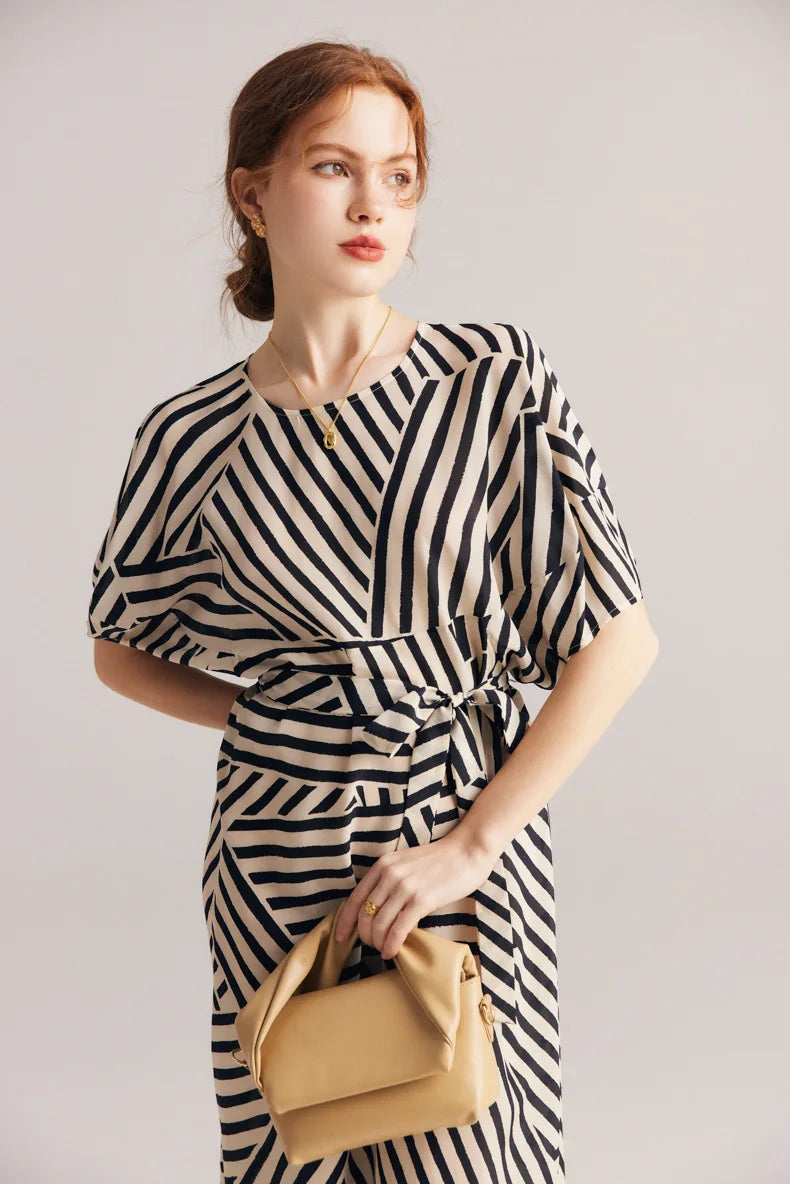 "Lady Jaye" Women's Mulberry Silk Bat Sleeve Striped Dress