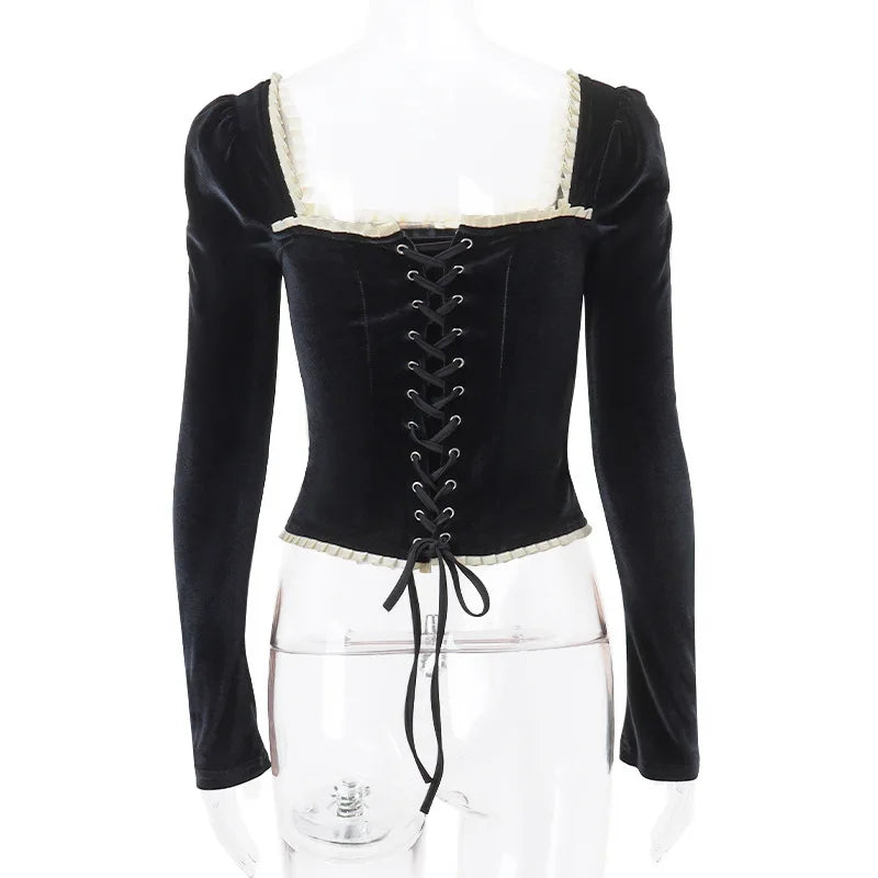 "Madeline" Women's Vintage Black Velvet Long Sleeve Blouse