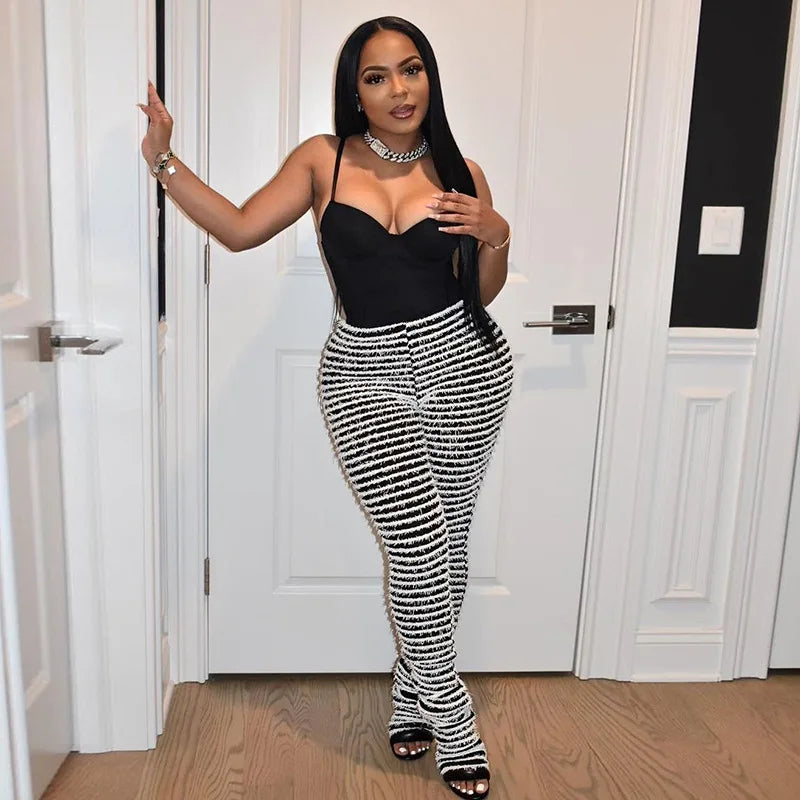 “Pay The Fee” Knitted Black and White Striped High Waist Flare Pants