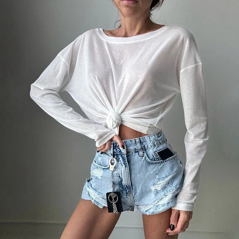"Como" Women's See Though Off-Shoulder Long Sleeve Crop Top