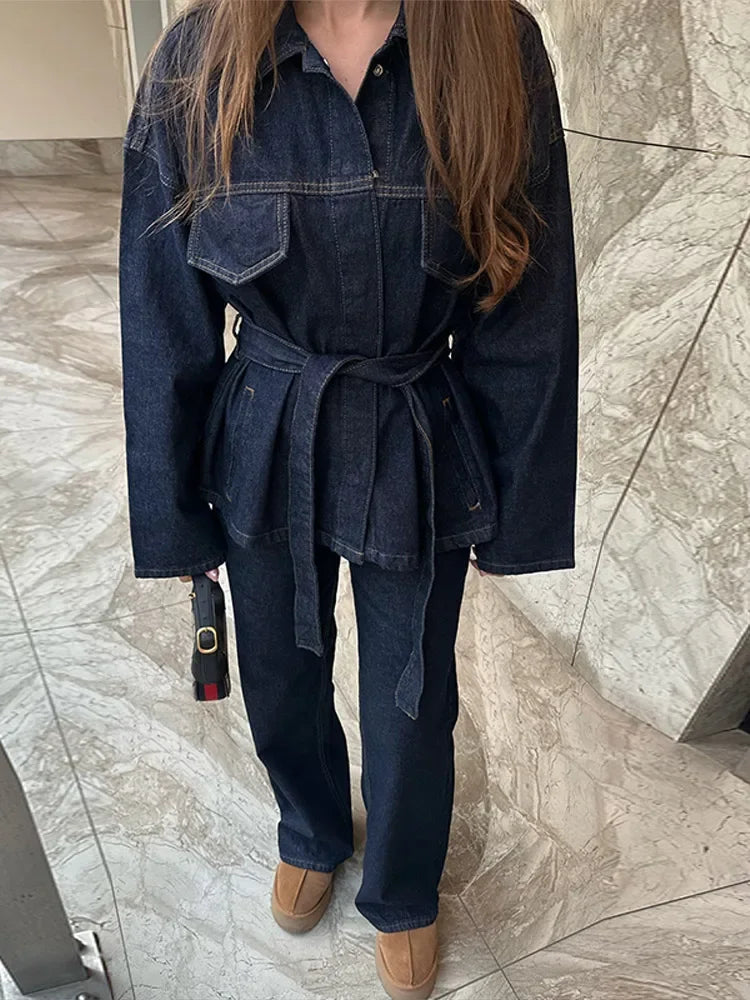"Bel Air" Women's Cinched Lace Up Wide Leg Denim Pants Set