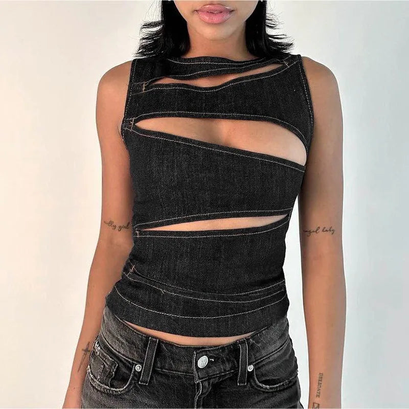 "Valley" Women's Sleeveless Round Neck Denim Vest