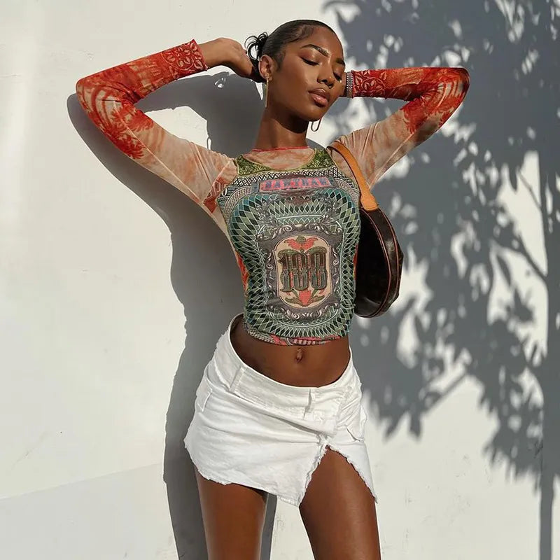 “She Just Wanna Rock” Mesh Graphic Print See Through T-Shirt