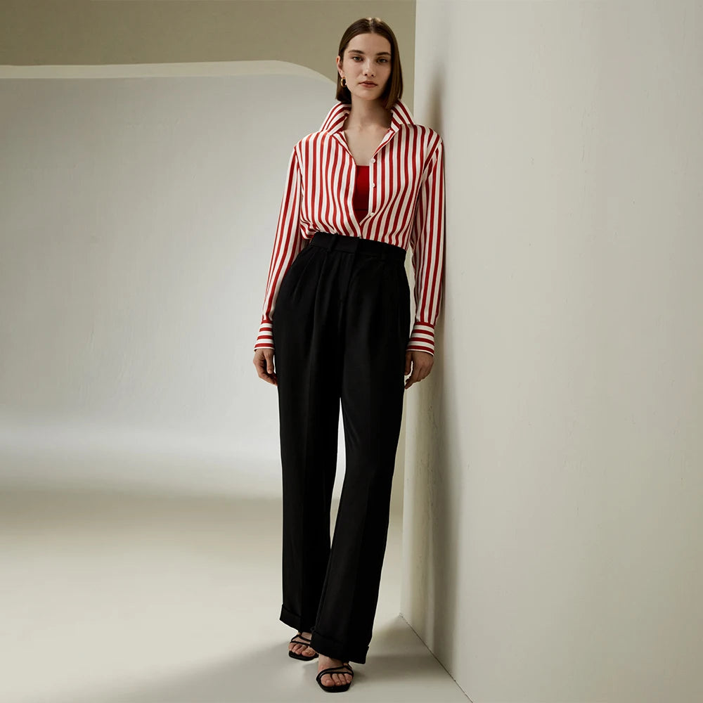 ”Me, Myself, And I” Women’s Red Striped Mulberry Silk Collared Shirt