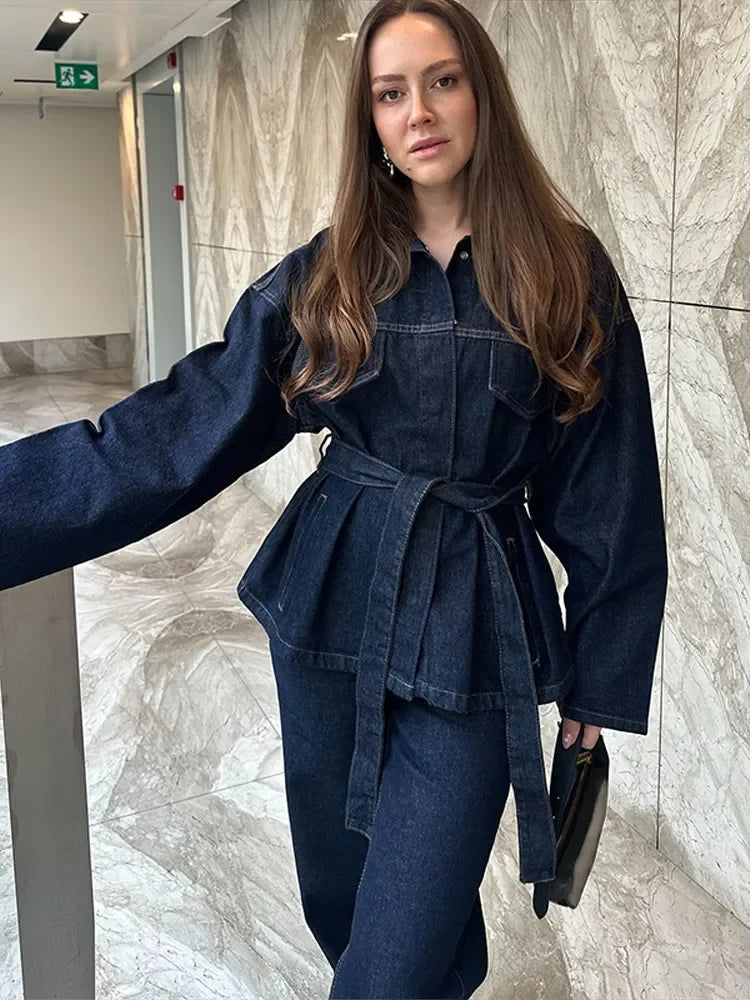 "Bel Air" Women's Cinched Lace Up Wide Leg Denim Pants Set