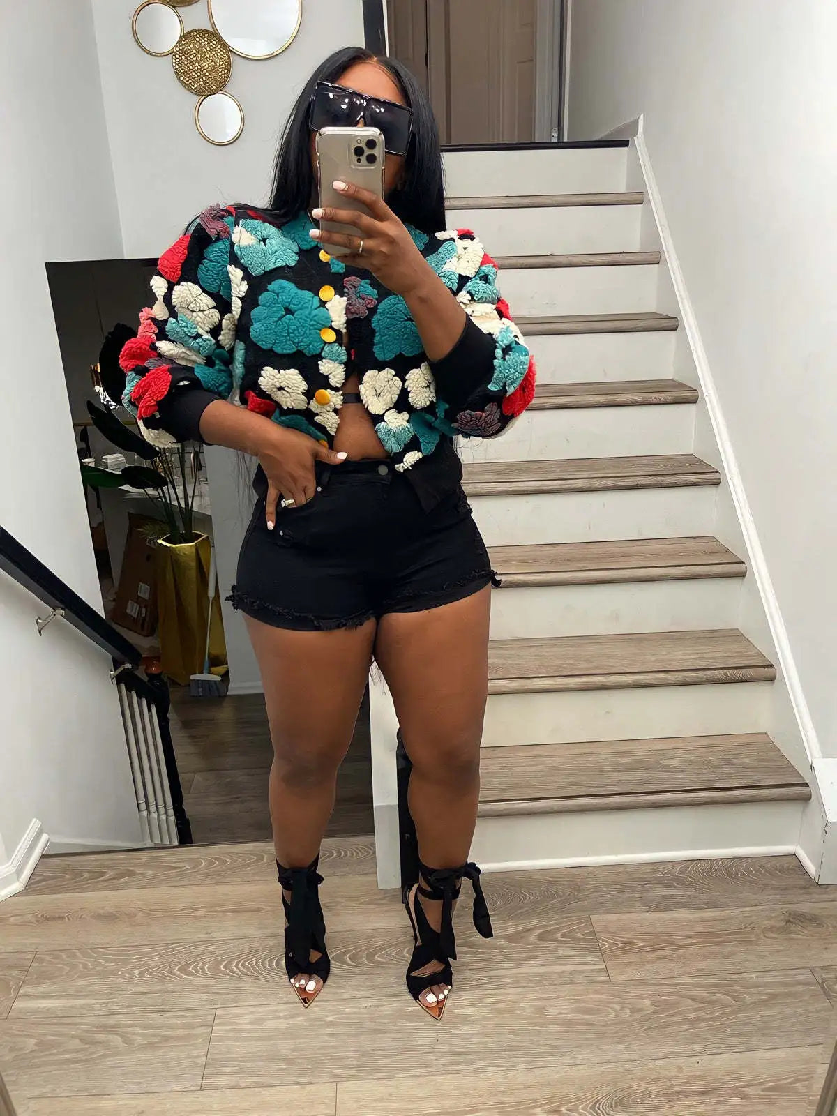 “Sauced Up” Elegant Front Floral Print Long Sleeve Jacket