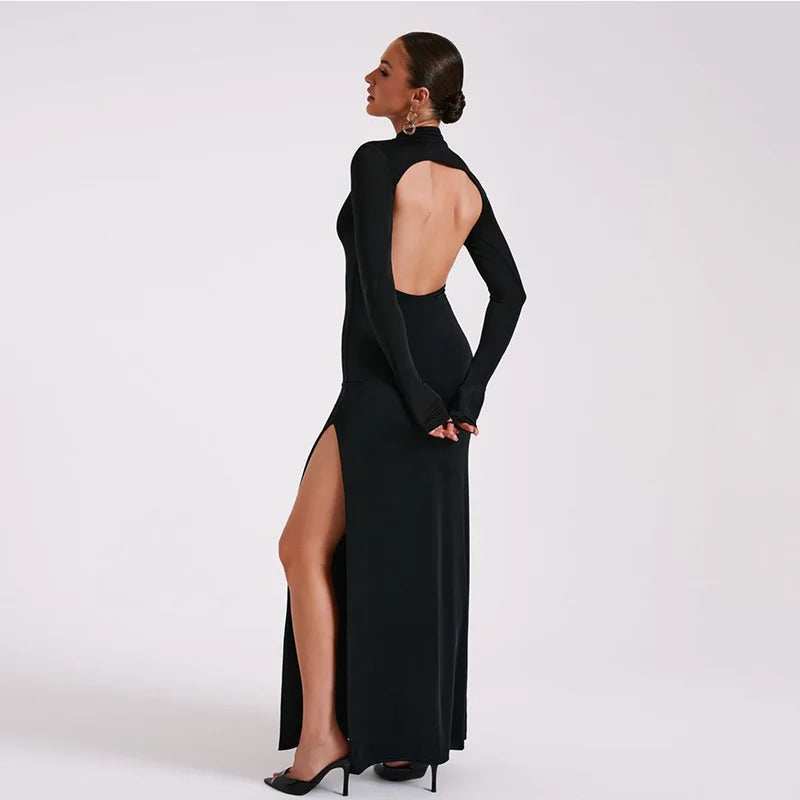 "Mystiq" Elegant Black Backless High Slit Maxi Dress