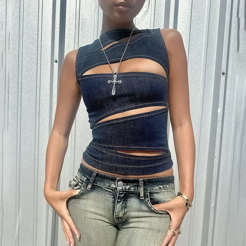 "Valley" Women's Sleeveless Round Neck Denim Vest