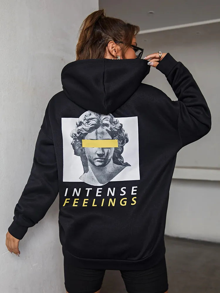 “Intense Feeling” Women’s Casual Graphic Print Black Hoodie