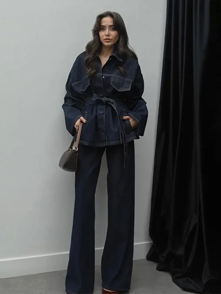 "Bel Air" Women's Cinched Lace Up Wide Leg Denim Pants Set