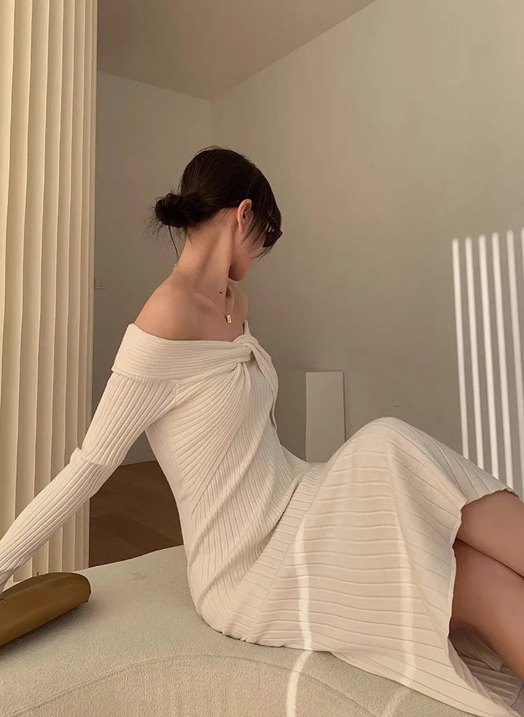 “Cashmere” Temperament Knitted Off Shoulder Designer Dress