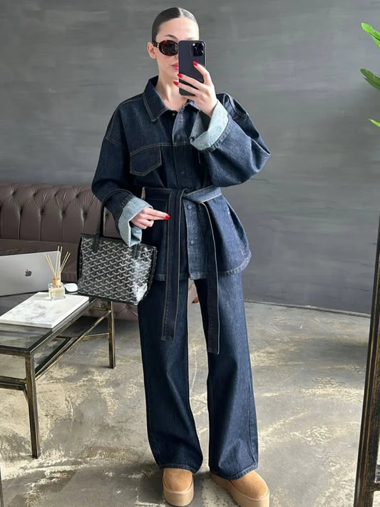 "Bel Air" Women's Cinched Lace Up Wide Leg Denim Pants Set