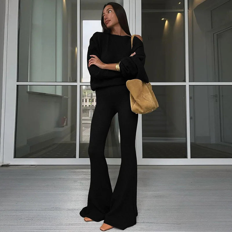 "Cashmere" Women's Casual Elegant Asymmetrical Top & Flare Pants 2 Piece Matching Lounge Set