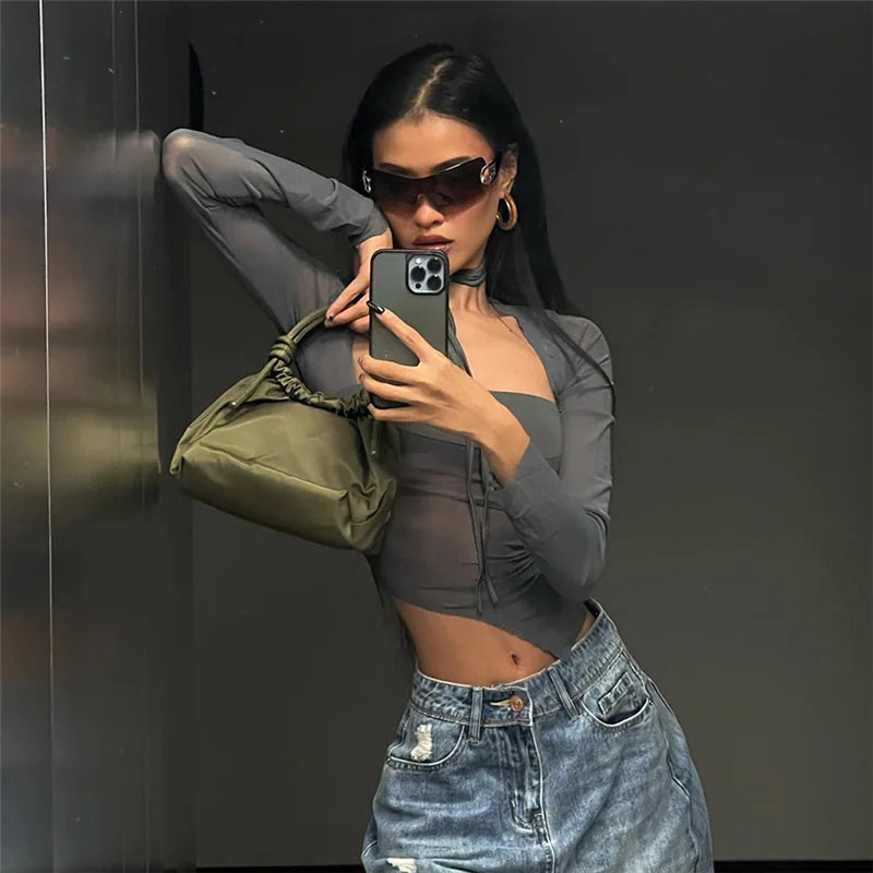 "Steel" Women's See-Through Mesh Y2K Style Crop Top