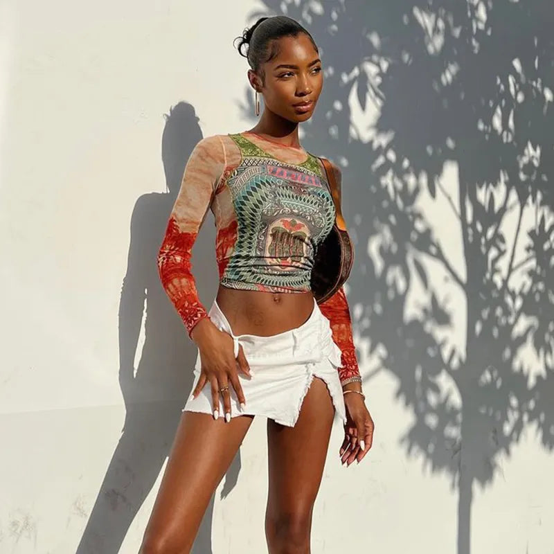 “She Just Wanna Rock” Mesh Graphic Print See Through T-Shirt