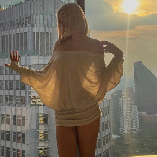 "Sunsets" Women's Off Shoulder See-Through Bodycon Mini Dress