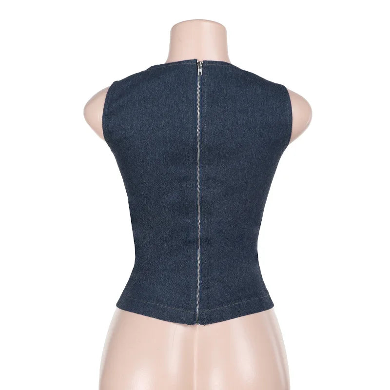 "Valley" Women's Sleeveless Round Neck Denim Vest