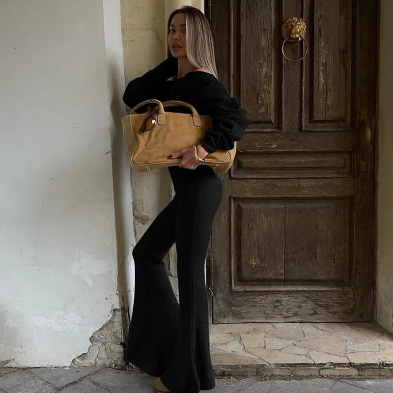 "Cashmere" Women's Casual Elegant Asymmetrical Top & Flare Pants 2 Piece Matching Lounge Set