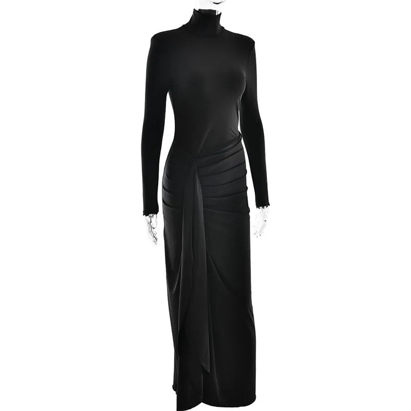 "Madison" Women's Draped Turtleneck Thigh High Split Long Sleeve Bodycon Maxi Dress
