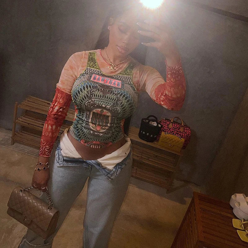 “She Just Wanna Rock” Mesh Graphic Print See Through T-Shirt
