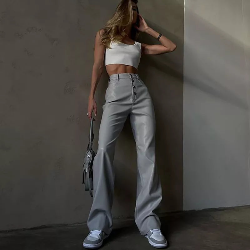 “Miley” High Waist Straight Leg Button Up Leather Pants