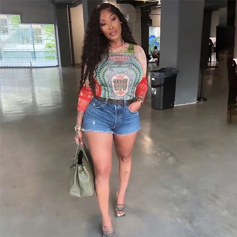 “She Just Wanna Rock” Mesh Graphic Print See Through T-Shirt