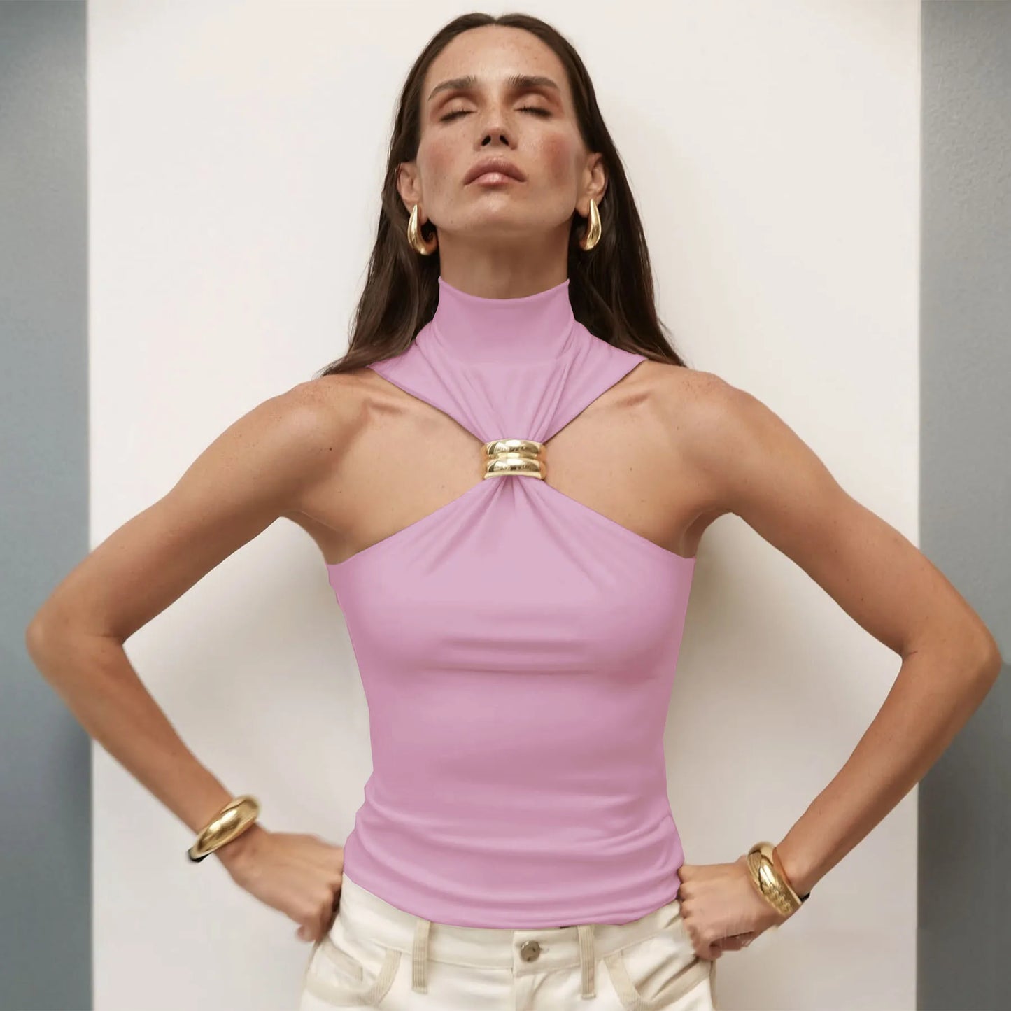 "Mrs. Banks" Women's Elegant Sleeveless Turtleneck Top
